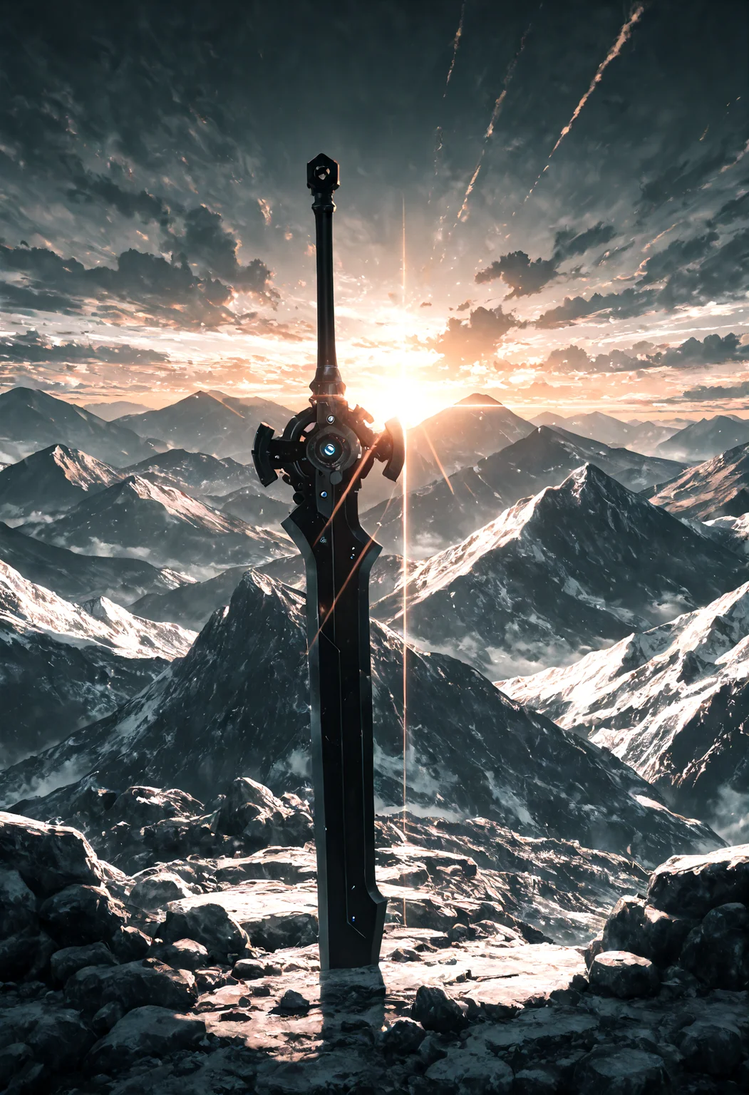 scenery, no humans, huge planted mechanical sword, ancient, mountain, sunrise, clear, polarized, (glare:1.4), monochrome, two-tone theme, black tone, white tone, fantasy, masterpiece, best quality, amazing quality, very aesthetic, absurdres, newest,