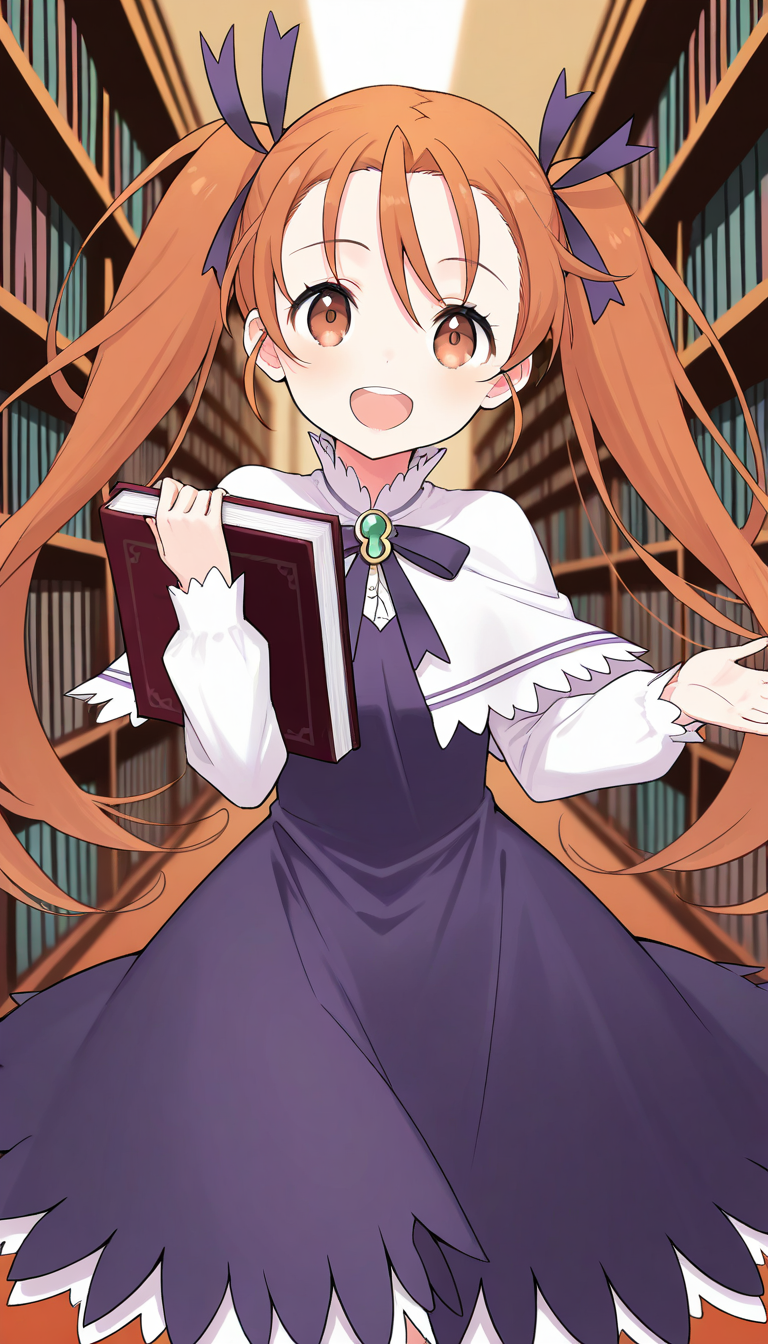 masterpiece, best quality, good quality, <lora:Aliese_Martini_IS:1> Aliese_Martini, 1girl, solo, twintails, long hair, brown eyes, hair ribbon, orange hair, brown hair, short stack,
 1girl, book, solo, smile, open mouth, ribbon, holding book, holding, looking at viewer, capelet, :d, skirt, long sleeves, purple dress,
library,