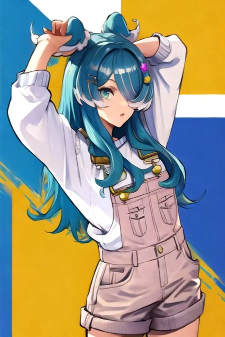 solo, 1girl, solo_focus, (((masterpiece))), ((best quality)), ((ultra-detailed)), high resolution, absurdres, highres, ultra-detailed 8k unity wallpaper,
elira1st, long sleeves, overalls, white sweater, off shoulder, grey gloves, one eye covered, overall shorts