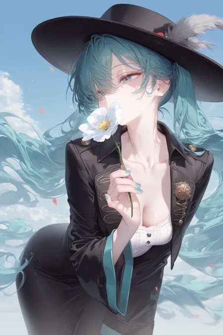 1girl, solo, hatsune miku, cowboy shot, leaning forward, breasts, collarbone, hair over one eye, black jacket, wide sleeves, long bangs, aqua nails, cropped jacket, (masterpiece, best quality, highres:1.2), reverse:1999, wavy hair, hat feather, blue sky, cloudy sky, holding flower, floating hair, flower, petals, blurry, masterpiece, best quality, good quality, newest