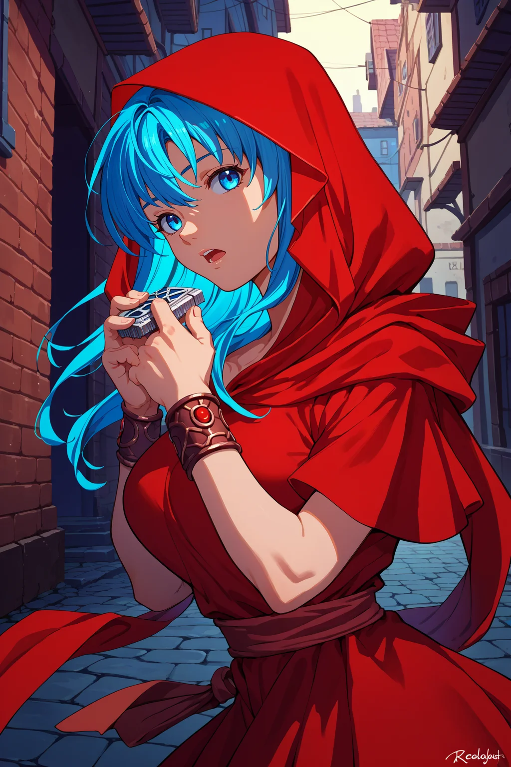 score_9, score_8_up, score_7_up, score_6_up, source_anime, 1girl, solo, <lora:ysreah-pdxl-nvwls-v1-000005:1> reah, blue hair, long hair, blue eyes, red scarf, red cloak, red dress, bracelet, hood up, from side, looking at you, alleyway, big breasts, open mouth, night