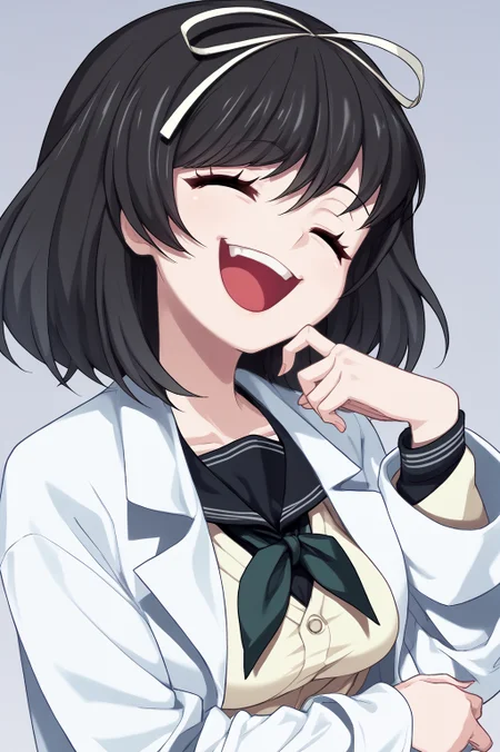 score_9, score_8_up, score_7_up, source_anime, perfect lines,  hokari kanae, 1girl, kanae school uniform, labcoat, gesugao, evil smile, straight-on, laughing,  <lora:kanae:1> <lora:gesugao_v1_pruned:0.8>