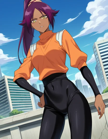 score_9, score_8_up, score_7_up, source_anime,
yoruichishihouin, <lora:yoruichi-shihouin-ponyxl-lora-nochekaiser:1>
yoruichi shihouin, long hair, yellow eyes, ponytail, purple hair, dark skin, dark-skinned female,
bodysuit, black bodysuit, bodysuit under clothes, orange shirt, long sleeves,
outdoors, cityscape,
looking at viewer, dutch angle, cowboy shot,