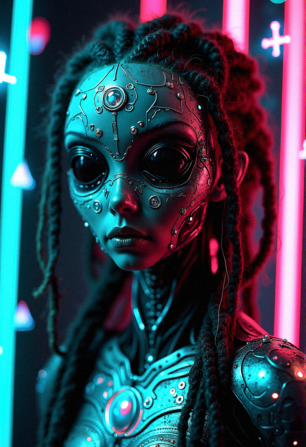Imagine a close-up shot of a futuristic humanoid figure with an alien-like face, sculpted with intricate cybernetic plating that melds seamlessly into their skin. The face is elongated, with large, reflective black eyes that draw in the light around, creating a void-like gaze. The character's hair, styled into thick, textured dreadlocks, falls around their face and shoulders. Embedded in the hair are thin, glowing fiber-optic strands, pulsing with soft, cyan light. The cybernetic exoskeleton covering their body is a masterpiece of metalwork, with delicate engravings and symbols that hint at an unknown language or code. Surrounding the figure are neon icons—circles, triangles, crosses, and squares—that hover in mid-air, glowing in vivid pink and cyan hues. These symbols cast a subtle, colorful glow onto the figure's armor, enhancing the intricate details and giving it a retro-futuristic look. The background is dark, allowing the neon lights and metallic details to pop, creating a striking contrast that emphasizes the character’s mysterious, otherworldly essence.