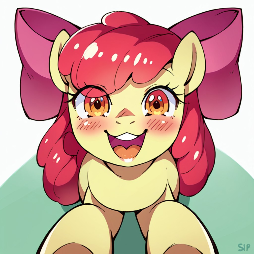 score_9, score_8, score_7, source_pony, apple bloom, apple bloom's bow, pov, looking at viewer, blush, smile, open mouth, upper teeth only