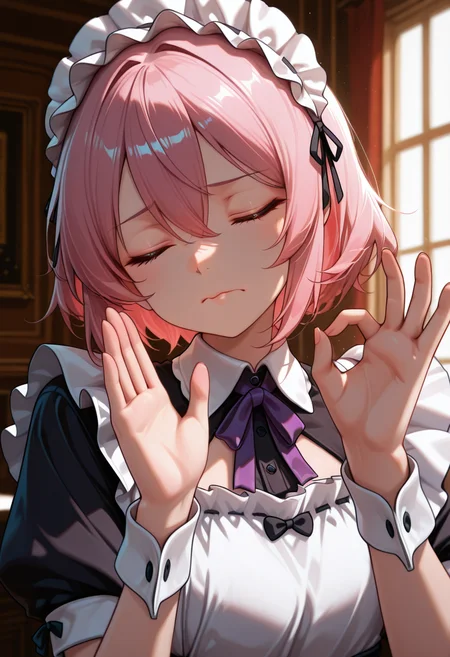 masterpiece, high quality, p4ch4, hands up, ok sign, closed eyes, closed mouth, facing to the side, 1girl, solo, CivChan, pink hair, hair between eyes, short hair, maid, upper body, head tilt,