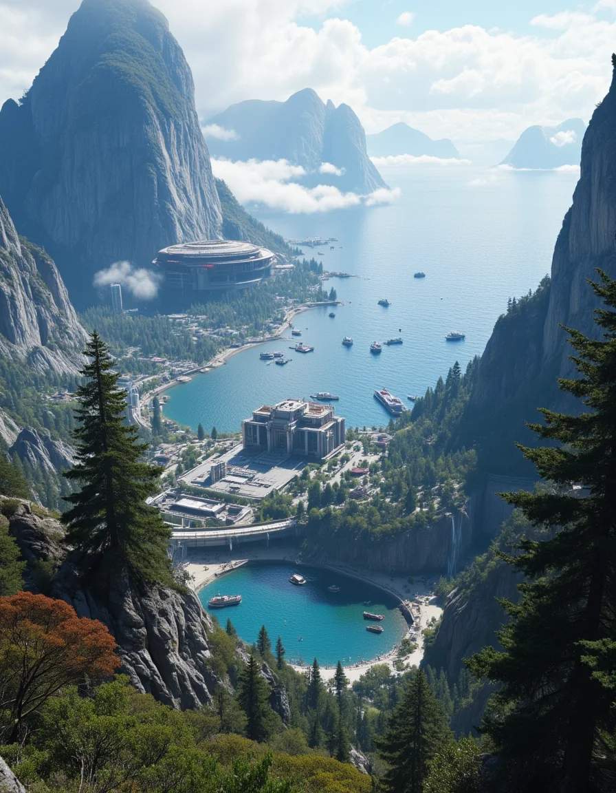 <lora:SWL_Stations1v2flux:1> lostst1, science fiction, sea, mountains, aerial view, scientific complex, trees, in a mountain,