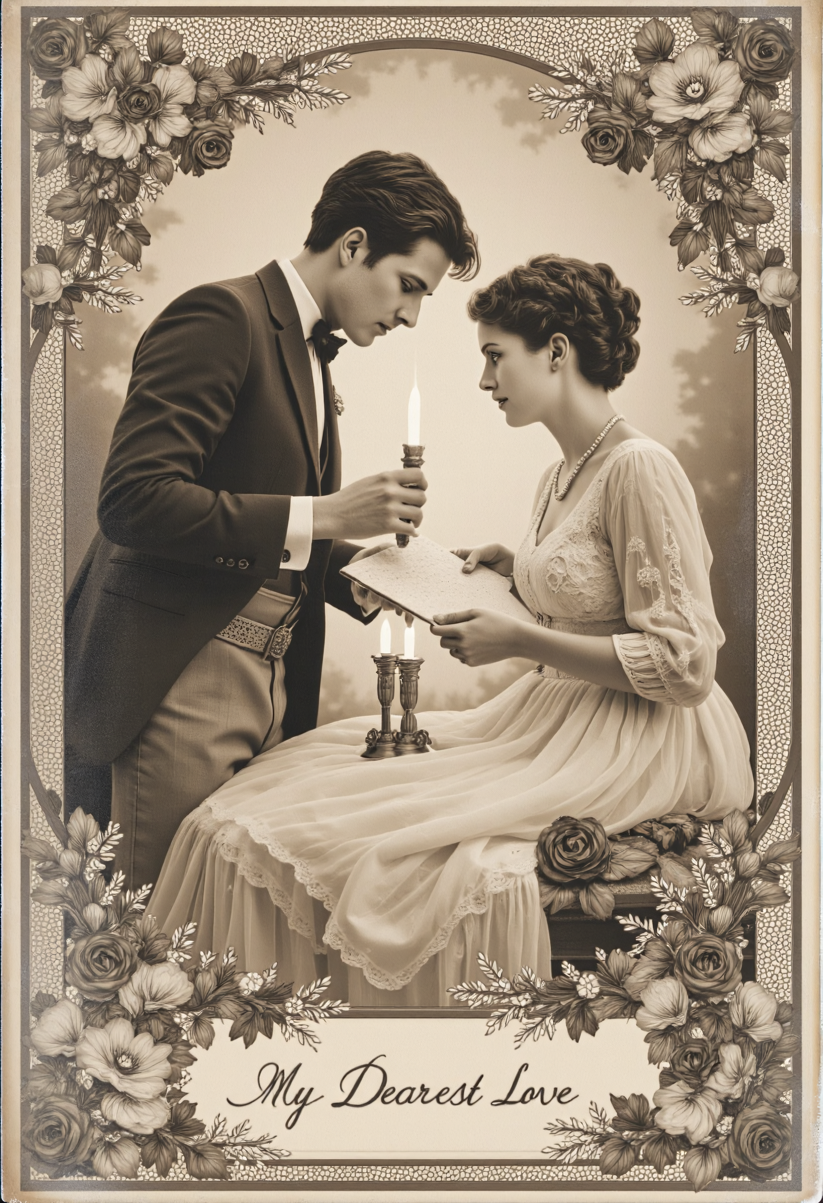A beautifully crafted vintage postcard from the 1920s, featuring a dapper young gentleman in a suit and a charming lady in a Victorian dress exchanging love letters. The scene is framed with intricate lace patterns, roses, and hand-written cursive text reading "My Dearest Love". The colors are soft sepia tones with delicate watercolor washes. Inspired by Alphonse Muchaâs Art Nouveau style, with romantic candlelight illuminating the tender moment. Old Postcard  <lora:Old postcard:0.8>, aidmatextimprover <lora:TextimproverV0.4:0.8>, vintage nude <lora:vintagenudeflux:0.3>, aidmaRealisticPeoplePhotograph <lora:RealisticPeoplev0.2:0.6>