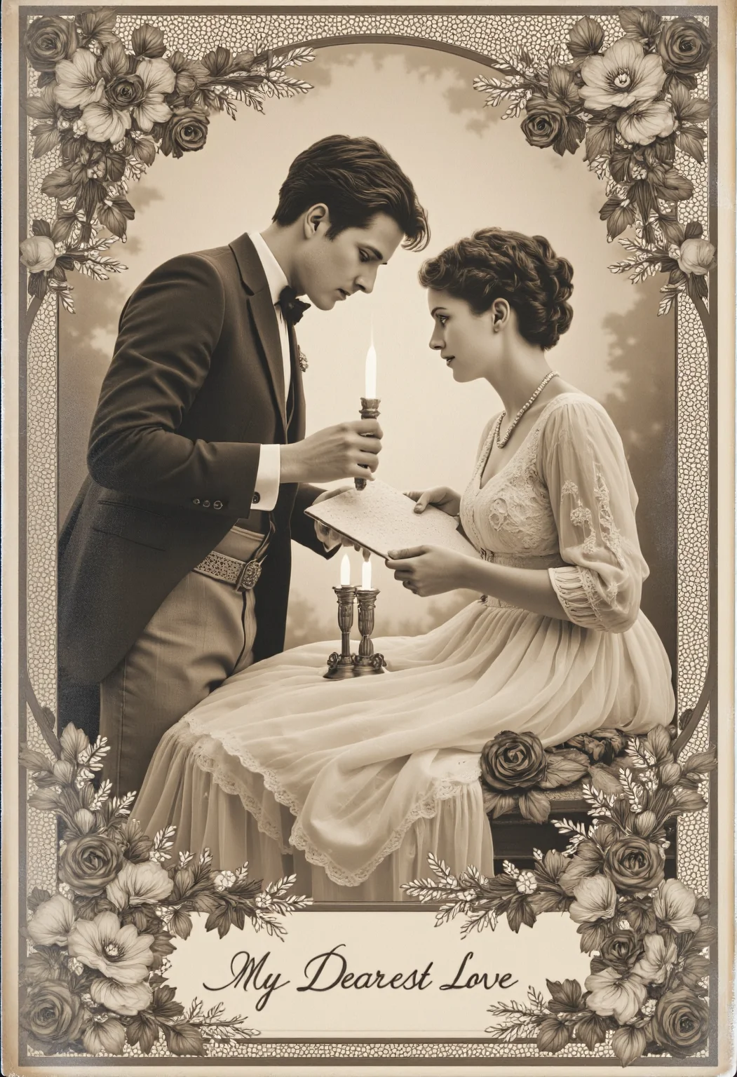 A beautifully crafted vintage postcard from the 1920s, featuring a dapper young gentleman in a suit and a charming lady in a Victorian dress exchanging love letters. The scene is framed with intricate lace patterns, roses, and hand-written cursive text reading "My Dearest Love". The colors are soft sepia tones with delicate watercolor washes. Inspired by Alphonse Muchaâs Art Nouveau style, with romantic candlelight illuminating the tender moment. Old Postcard  <lora:Old postcard:0.8>, aidmatextimprover <lora:TextimproverV0.4:0.8>, vintage nude <lora:vintagenudeflux:0.3>, aidmaRealisticPeoplePhotograph <lora:RealisticPeoplev0.2:0.6>