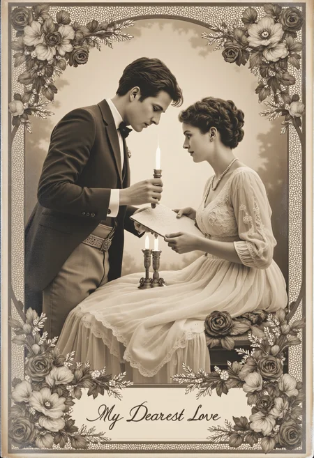 A beautifully crafted vintage postcard from the 1920s, featuring a dapper young gentleman in a suit and a charming lady in a Victorian dress exchanging love letters. The scene is framed with intricate lace patterns, roses, and hand-written cursive text reading "My Dearest Love". The colors are soft sepia tones with delicate watercolor washes. Inspired by Alphonse Muchaâs Art Nouveau style, with romantic candlelight illuminating the tender moment. Old Postcard <lora:Old postcard:0.8>, aidmatextimprover <lora:TextimproverV0.4:0.8>, vintage nude <lora:vintagenudeflux:0.3>, aidmaRealisticPeoplePhotograph <lora:RealisticPeoplev0.2:0.6>