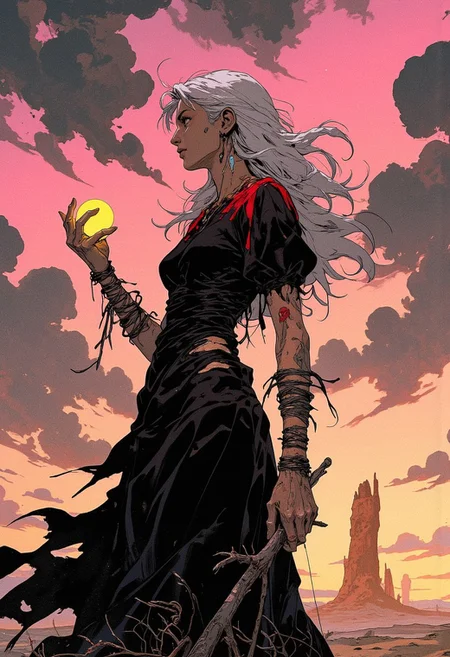 The image features an older woman with long, white hair, wearing a black dress with red detailing around the shoulder seams. The flowy dress and ripped ornaments suggest she is not wearing stockings, which are a common fashionable addition to such form-fitting wear. However, the ripped fabric could be attributed to the effect of the pinched fabric to create a flow.
She holds an item in her right hand, which resembles a desert stone or a light yellow orb, and also sports two slender branches wrapped around her wrist, resembling bracelets or a wire connection. She appears to be looking towards her left, although she is positioned facing forward.
The background shows a dusky sky with clouds blocking the sun and pink which dominates over yellow and gray throughout. The sky is mostly dark pink with scattered streaks of the grey. There are two shapes in the distance, amber-colored (on the left) and on the right side, resembling rocks in a dusty environment.
This renders a mystery as to the woman's authenticity and how to classify her. Her illuminated persona could portend prophecy of something to come. Upon further contemplation, it reveals itself more clearly that this plane is wavy with sturdy, soft brightness. These signs tend to inquire more detail to classify and pinpoint details. The figure stands remaining a stunning figure to take imagery and further in depth there stands many multi embodiment questions the reality and depth.