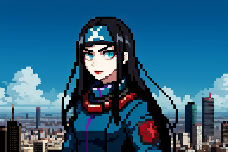 highly insanely detailed, masterpiece, top quality, best quality, highres, 4k, 8k, RAW photo, (very aesthetic, beautiful and aesthetic),  
beth_\(megami_tensei\),bethsmtii,shin megami tensei ii,long hair,black hair,straight hair,sleek black,jewelry,cross,headband,red_lipstick,katana,sword,Tokyo_Millennium,post-apocalyptic_city,dystopian_world,Holytown,Religious_center,church_district,Great_Cataclysm,World_ending_event,apocalyptic_disaster,city_rebirt, 
<lora:zs_Beth:0.3>, 
(1girl:1.3), 1other, 
blue background,âââ