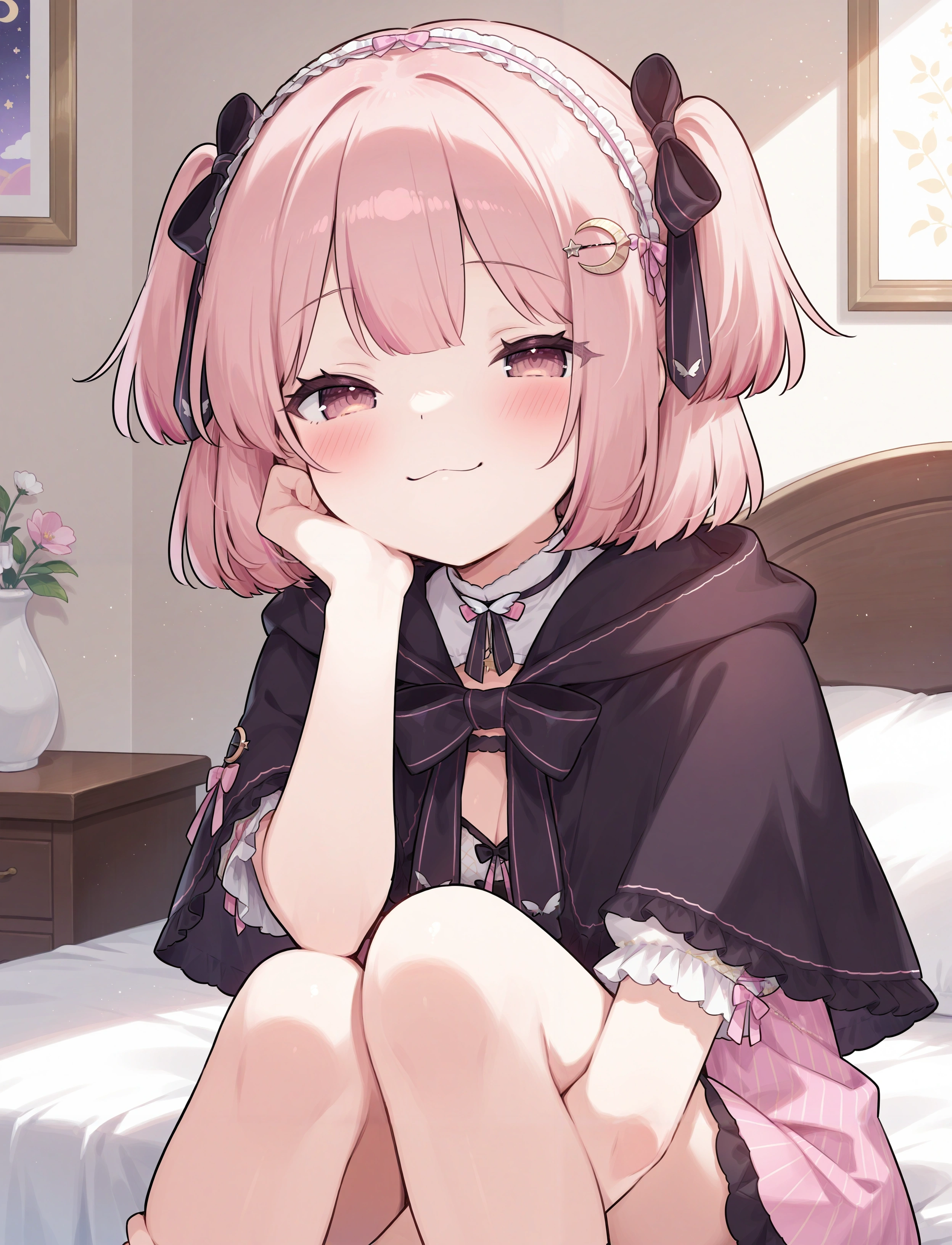 1girl,
lemonleaf, crescent hair ornament, pink hair, two side up, 
short sleeves, smile, :3, blush, black capelet, smug,
detailed background, bedroom, hand on own leg, sitting, on bed,
masterpiece, very awa
<lora:char_lemonleaf-ill-v1.1:1>