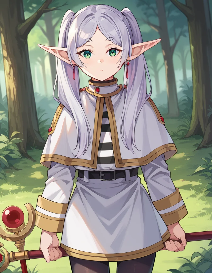 score_9, score_8_up, score_7_up, source_anime,
frieren, <lora:frieren-ponyxl-lora-nochekaiser:1>,
frieren, long hair, twintails, green eyes, grey hair, pointy ears, elf,
shirt, long sleeves, jewelry, pantyhose, earrings, striped, black pantyhose, capelet, striped shirt, skirt, white skirt,
outdoors, forest, nature, staff, holding staff, briefcase,
looking at viewer, cowboy shot, dutch angle,
