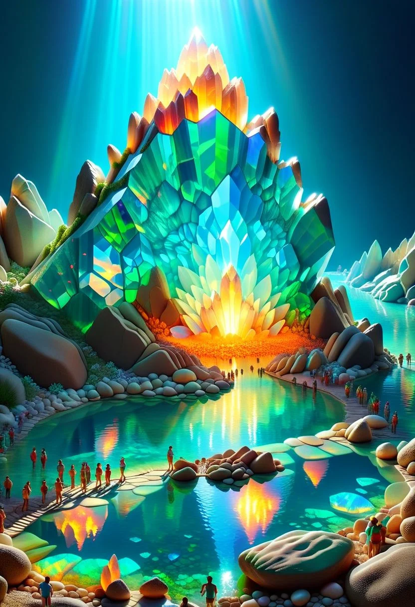 ispzxll, diorama, isometric, miniature, volumetric lighting style, intricate details, massive clear ral-opal crystal formation, sunlight shining through rocks, natural volcanic lake setting, crowds of people gathered, tourists, flash photography