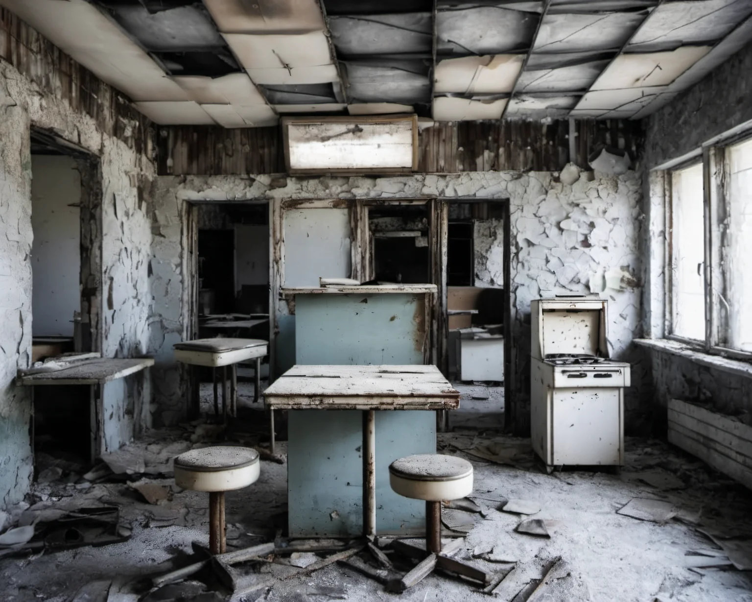 best quality, realistic, vray, hdr, in a post-apocalyptic deserted diner, overturned stools, rusted kitchen appliances, dusty jukebox, unreadable specials sign., by Mario Testino, <lora:Chenorbyl_v1:1> Chern4byl enviroment