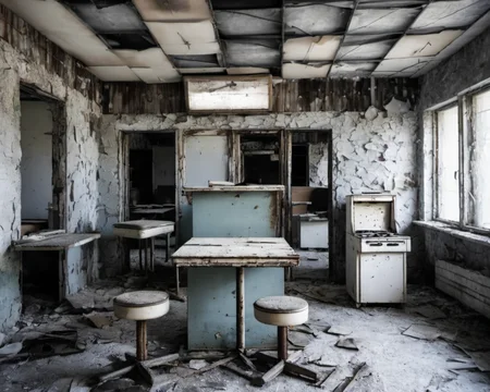 best quality, realistic, vray, hdr, in a post-apocalyptic deserted diner, overturned stools, rusted kitchen appliances, dusty jukebox, unreadable specials sign., by Mario Testino,   <lora:Chenorbyl_v1:1> Chern4byl enviroment