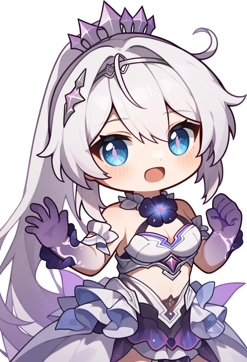 score_9,score_8_up,score_7_up,<lora:honkai_impact_3rd_v1:0.8>,1girl, antenna_hair, chibi, crown, flower_clothes, high_ponytail, kiana_kaslana_\(herrscher_of_finality\), long_hair, neck_flower, open_mouth, purple_hands, solo, transparent_background, white_armor, white_dress, white_hair