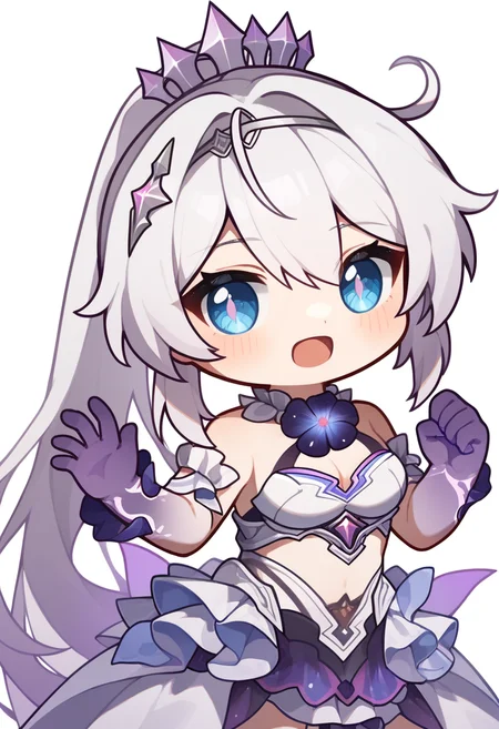 score_9,score_8_up,score_7_up,<lora:honkai_impact_3rd_v1:0.8>,1girl, antenna_hair, chibi, crown, flower_clothes, high_ponytail, kiana_kaslana_\(herrscher_of_finality\), long_hair, neck_flower, open_mouth, purple_hands, solo, transparent_background, white_armor, white_dress, white_hair