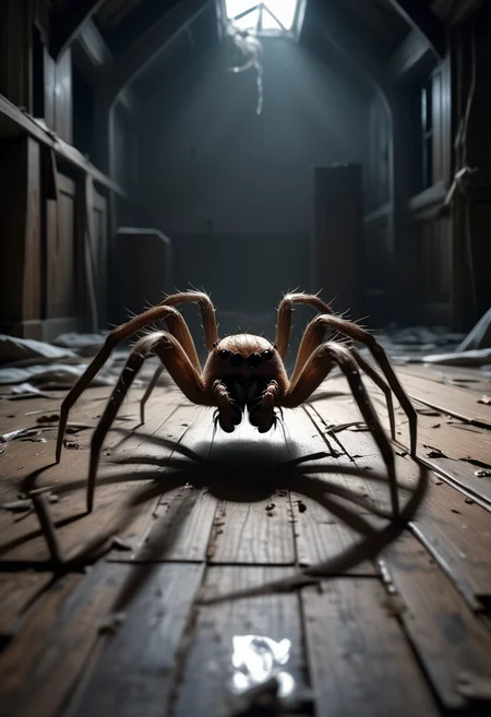 (medium full shot) of (menacing spider) with a white armored body, large size, long legs with pointed tips, sheet web with symmetrical patterns, glowing silk thread, located in an abandoned attic, with broken windows, creaky floorboards, scattered belongings, and a chilling atmosphere , at night, ,Masterpiece,best quality, raw photo, realistic, very aesthetic, dark