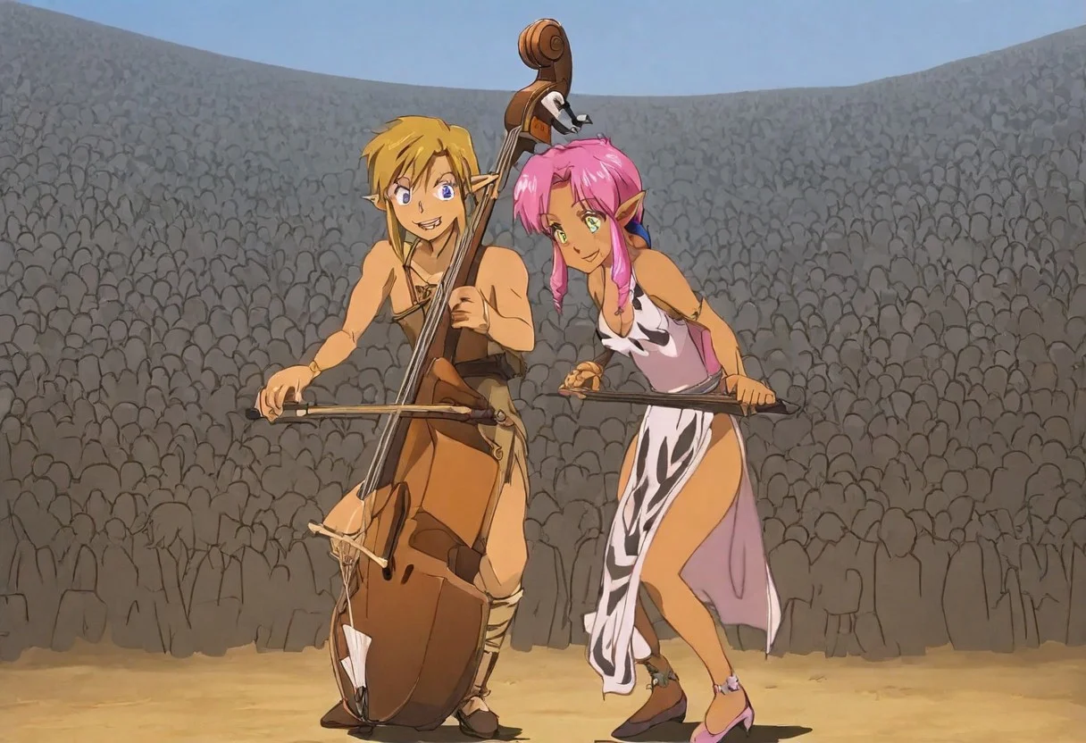 Pink_DragonPink, 1girl, sleeveless dress, white tiger print dress, pelvic curtain, cleavage, white tiger tail, red sash, small breasts, leather shoes, masterpiece, very aesthetic, smiling wide, showing teeth, <lora:pink-illustrious:1>,
Break
1boy,Anime screencap,link (zelda),blonde hair,blue eyes,pointy ears, low ponytail, sidelocks, wearing blue hyilian tunic, playing ocarina
Break
On a raised medieval stage, in front of a large crowd, pink_dragonpink playing contrabass, holding a bow, doublebass, instrument, bow_(music), Link plays an ocarina beside her,