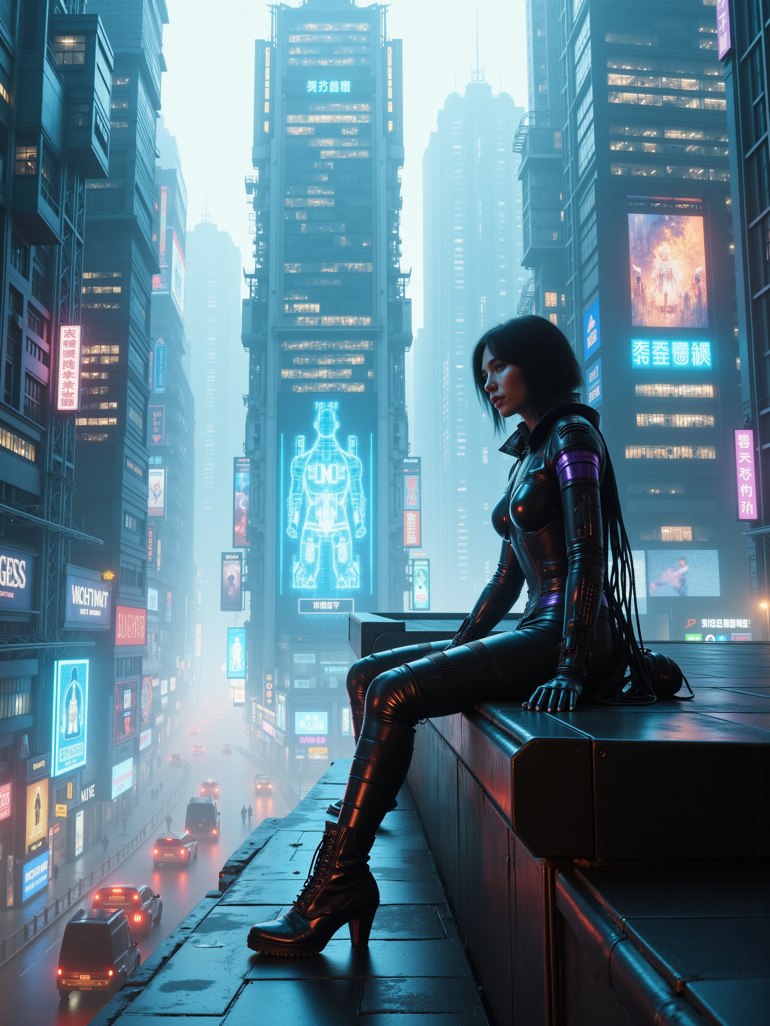 mad-cbrpnkscnr,woman wearing futuristic clothes and sitting the roof of a highrise on the right side looking down on the street, holographic advertisement,people wearing futuristic clothing, cyberpunk, facing viewer, straight on, looking at viewer  <lora:Neon_Cyberpunk_Streets_FLUX:0.8>