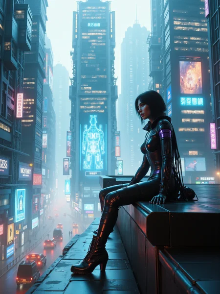 mad-cbrpnkscnr,woman wearing futuristic clothes and sitting the roof of a highrise on the right side looking down on the street, holographic advertisement,people wearing futuristic clothing, cyberpunk, facing viewer, straight on, looking at viewer <lora:Neon_Cyberpunk_Streets_FLUX:0.8>