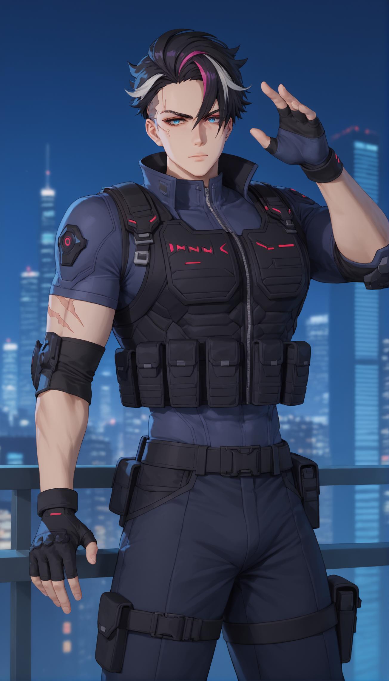 score_9, score_8_up, score_7_up, source_anime, rating_explicit, depth of field, night, cyberpunk, cityscape, 
((dynamic pose, portrait,  ))
jingfulaiou, 1boy, black hair, streaked hair, blue eyes,  fingerless gloves, scar, bulletproof vest,
,,,,,, <lora:add-detail-xl:1>,<lora:age_slider_v4:1>,<lora:è¸èæ§å¶:2>,<lora:jingfulaiou-000008:0.8>