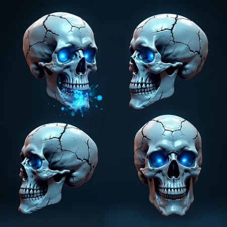 Highly detailed, realistic skull with visible cracks (blue ethereal energy and glowing particles:1.3) emanating from the eye sockets. Multiple views (front, side, three-quarter) are presented. The skull is rendered with a focus on (cracked textures and realistic wear:1.2), set against a simple (dark background:0.8). The lighting is soft, with a subtle (blue glow and particles:1.2) enhancing the mystical and hypnotic atmosphere.
(CharacterDesignFLUX)