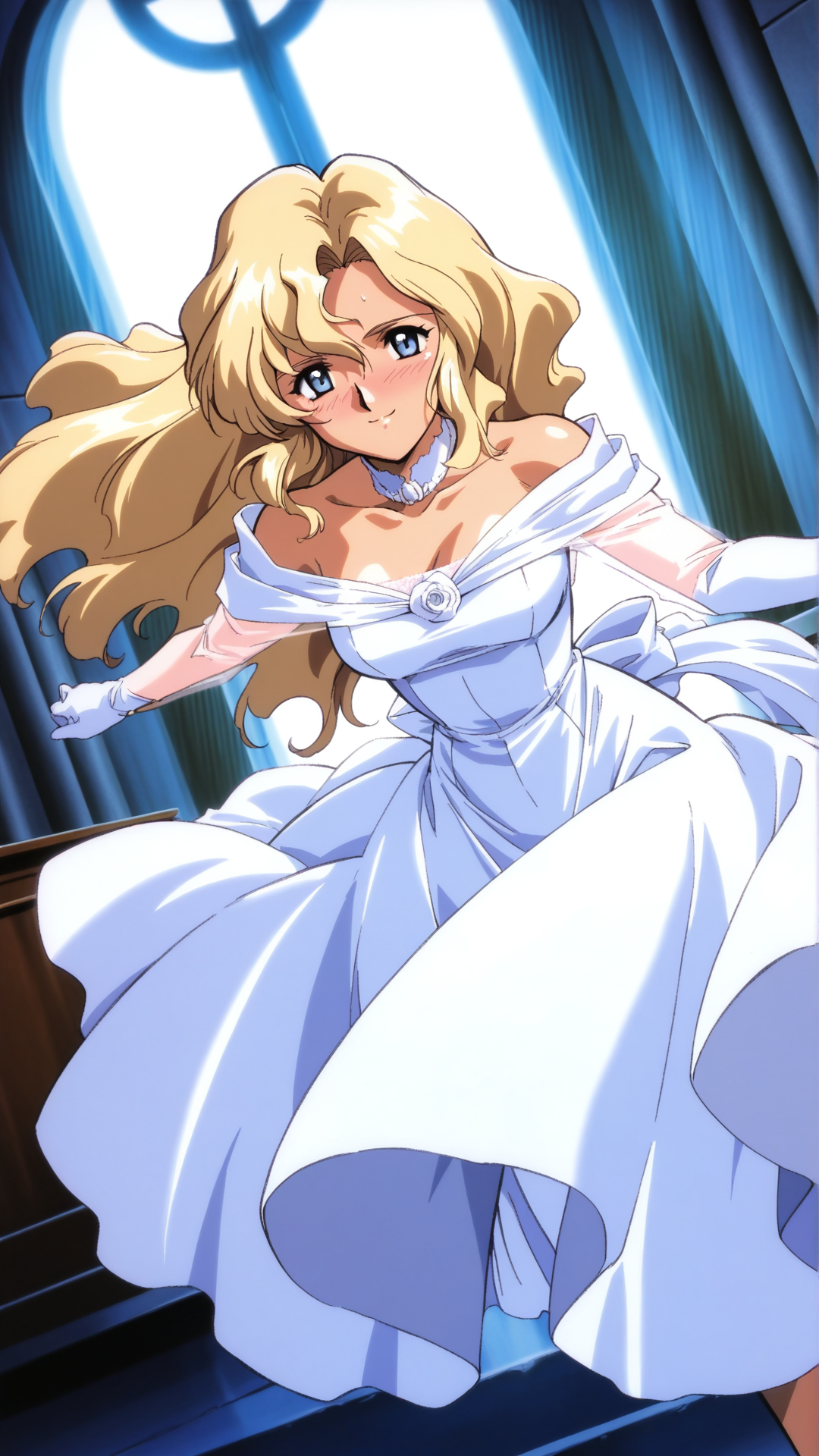 source_anime, general, best quality, masterpiece, 1girl,  <lora:Rachel_Affas_ill:1> rachel_affas\(gbattle\),blonde hair, long hair, wavy hair, blue eyes, dynamic pose, dutch angle,wedding dress,chapel,smile,  embarrassed,