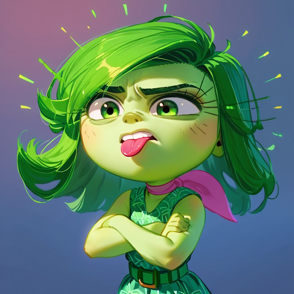 score_9, score_8_up, score_7_up, score_6_up, score_5_up, score_4_up, rating_safe, DisgustEmotion, glowing, 1girl, green skin, green hair, arms crossed, glowing, giant broccoli, disgutsed look, sticking tongue out