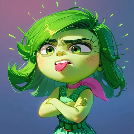 score_9, score_8_up, score_7_up, score_6_up, score_5_up, score_4_up, rating_safe, DisgustEmotion, glowing, 1girl, green skin, green hair, arms crossed, glowing, giant broccoli, disgutsed look, sticking tongue out
