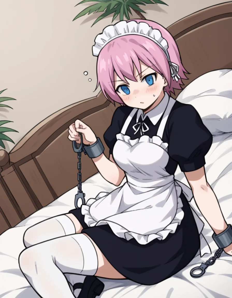 score_9, score_8_up, score_7_up, source_anime, <lora:fairytail-virgo-s7-ponyxl-lora-nochekaiser:1>,, maid virgo, short hair, bangs, blue eyes, pink hair, thighhighs, dress, short sleeves, shoes, puffy sleeves, black footwear, apron, black dress, white thighhighs, puffy short sleeves, zettai ryouiki, maid, maid headdress, white apron, maid apron, cuffs, enmaided, handcuffs,, indoors, bed, bed room, on side, blush, drunk,, , , hand palm facing up, solo,, cowboy shot, dutch angle