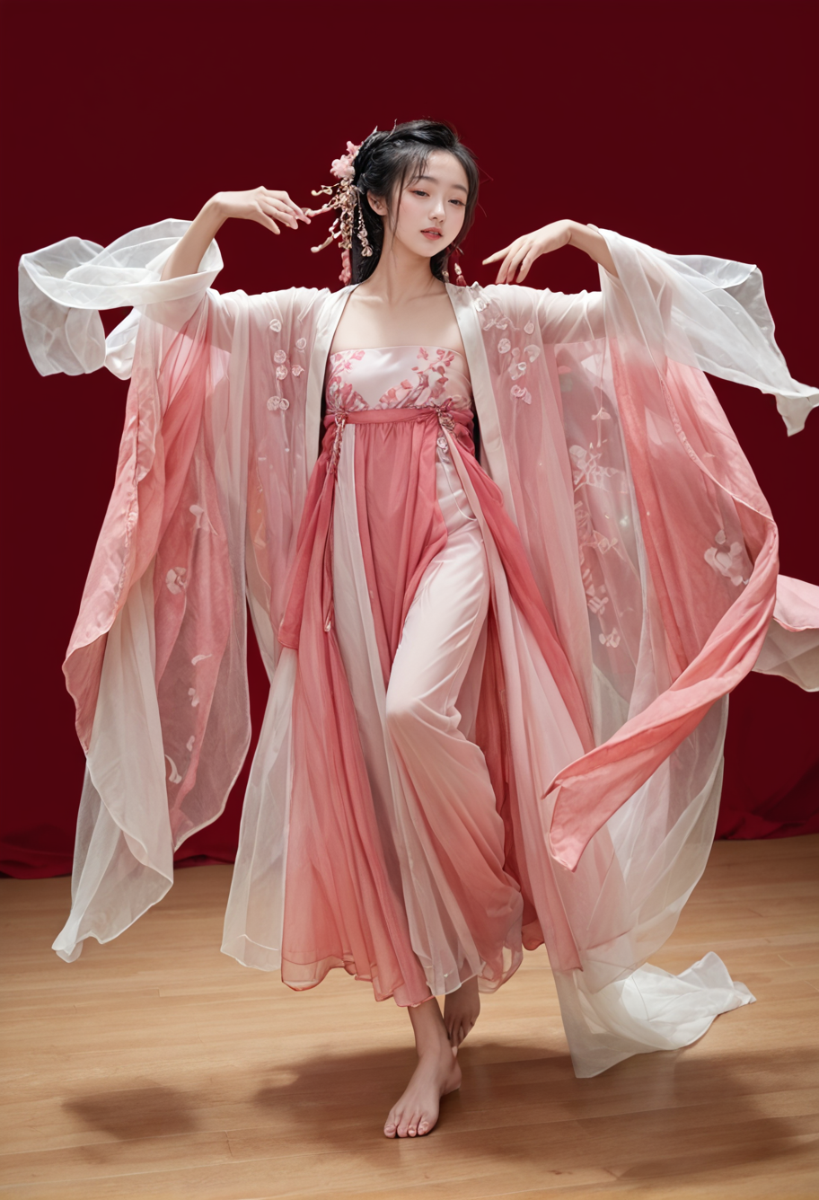 1girl,solo,barefoot,dancing,,ruanyi0758,hanfu,pink dress,see-through,shawl,wide sleeves,jewelry,<lora:0758 Peach Blossom Hanfu_v1_pony:1>, score_9,score_8_up,score_7_up,,8k,1girl,solo,