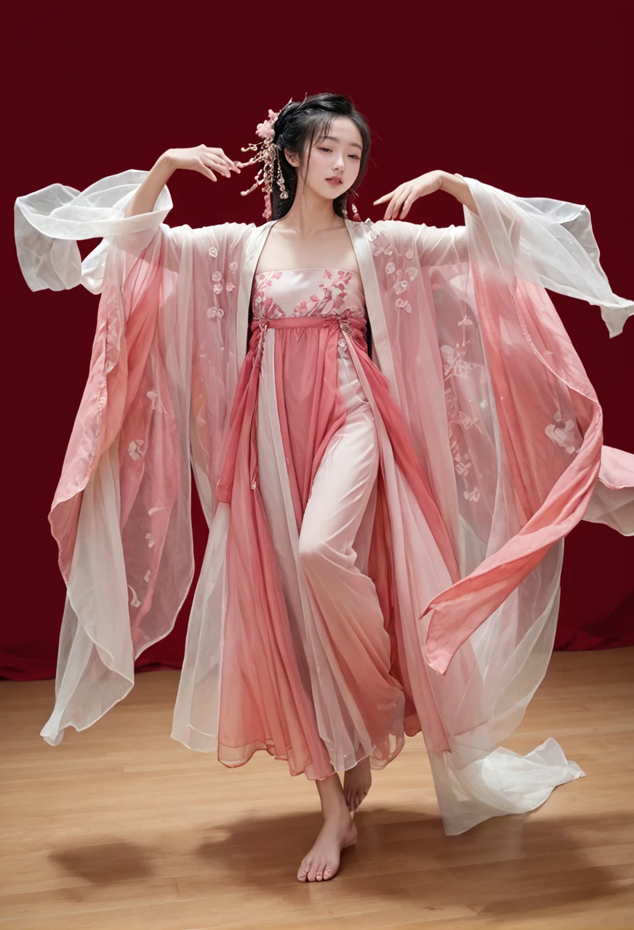 1girl,solo,barefoot,dancing,,ruanyi0758,hanfu,pink dress,see-through,shawl,wide sleeves,jewelry,<lora:0758 Peach Blossom Hanfu_v1_pony:1>, score_9,score_8_up,score_7_up,,8k,1girl,solo,