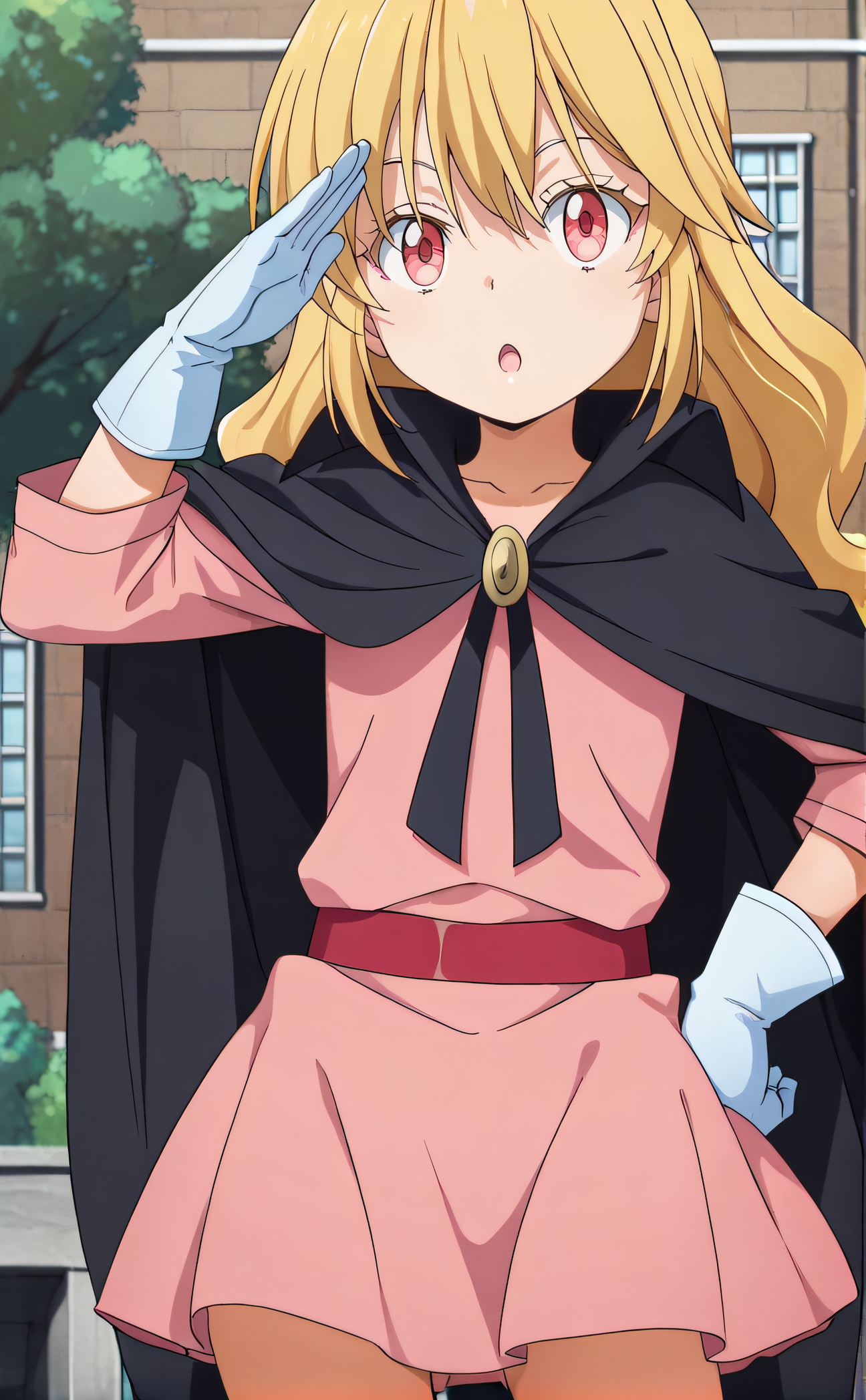masterpiece, best quality, highres, newest, 1girl, solo, official style, anime screencap, <lora:IL_Alice_Rondo:1>, alicerondo, red eyes, blonde hair, long hair, black cape, pink dress, red belt, white gloves, looking at viewer, outdoor, cowboy shot, hands on hips, salute, :o