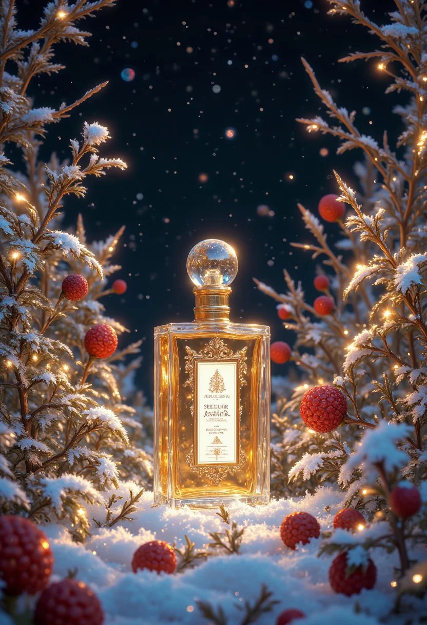 Create a perfume bottle in the center front view surrounded by frosty berries, golden ribbons, and shimmering snowflakes as shown in the reference, a starry winter sky in the background, 4k real image, hyper-realistic.. pinketherealmj