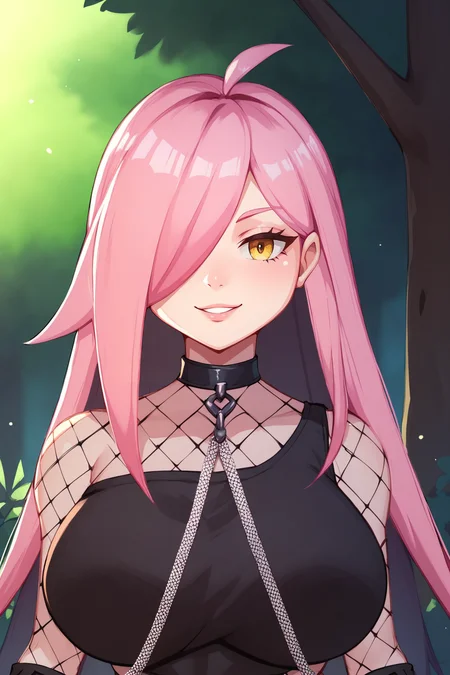 score_9, score_8_up, score_7_up, score_6_up, BREAK, NeneEfthyVTPXLv2, yellow eye, pink hair, long hair, hair over one eye, ahoge, black choker, large breasts, chain, fishnets, black crop top, detached sleeves, black sleeves, solo, front view, (portrait, upper body), solo focus, seductive smile, looking at viewer, forest <lora:NeneEfthyVTPXLv2:1>