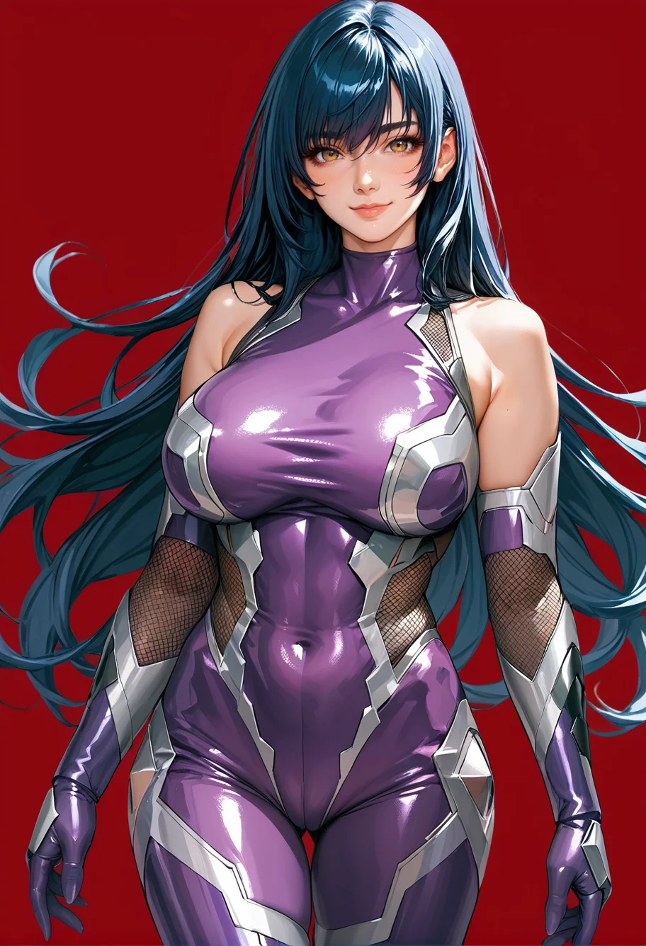 1girl,red background,ruanyi0936,taimanin suit,cowboy shot,bare shoulders,purple bodysuit,elbow gloves,long hair,,<lora:0936 Asagi Igawa (taimanin suit)_v1_pony:1>, score_9, score_8_up, score_7_up, score_6_up, score_9, score_8_up, score_7_up, score_6_up source_anime, blush, 1girl, seduce smile, perfect body , natural huge breasts
