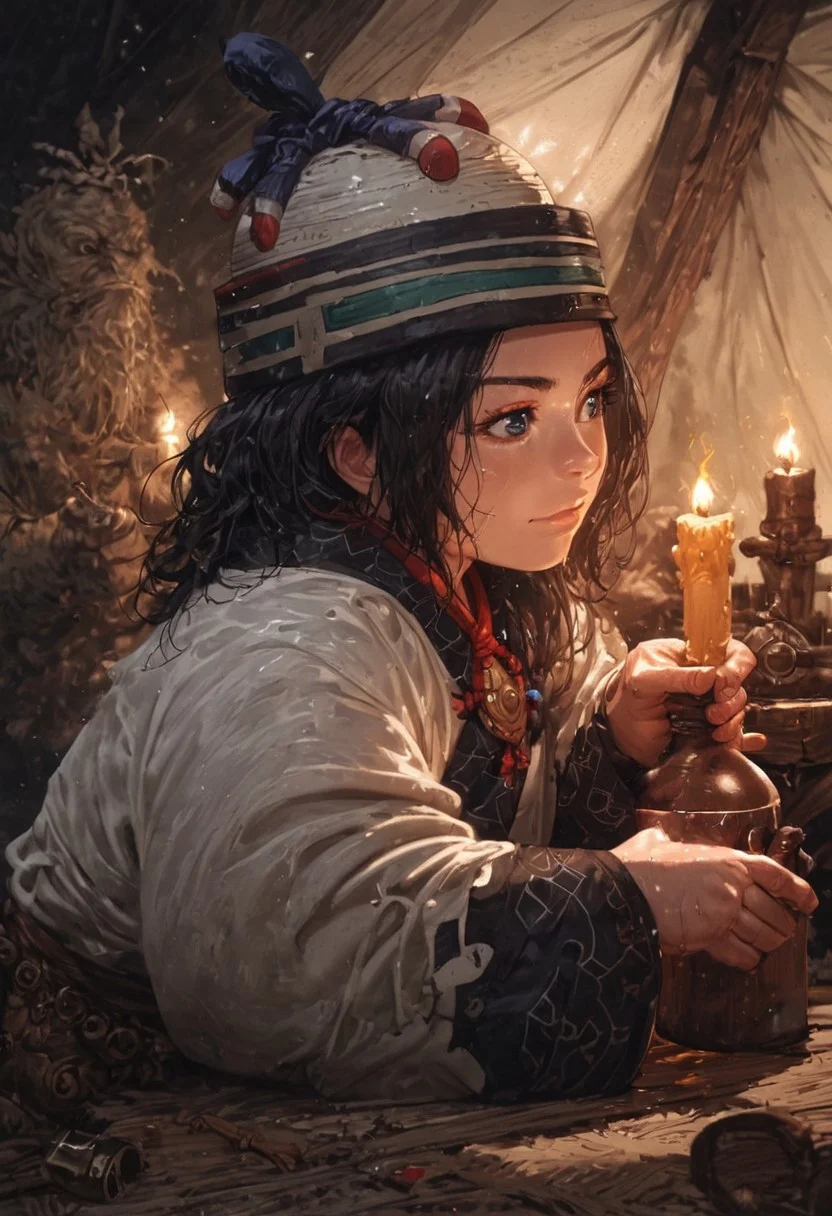 score_9, score_8_up, score_7_up,
enonoka, blue eyes, short hair, black hair, ainu clothes, ainu hat, in a tent, shiny skin, wet skin, leaning forward, cleavage, small breasts, eye contact, long hair, light smile, moody lighting, standing and holding drinks, suggestive pose, bottles, dim lighting, candle light, medieval fantasy, perfect quality, high quality, photorealistic, sitting BREAK dark and orange hue, (abstract:0.2)
