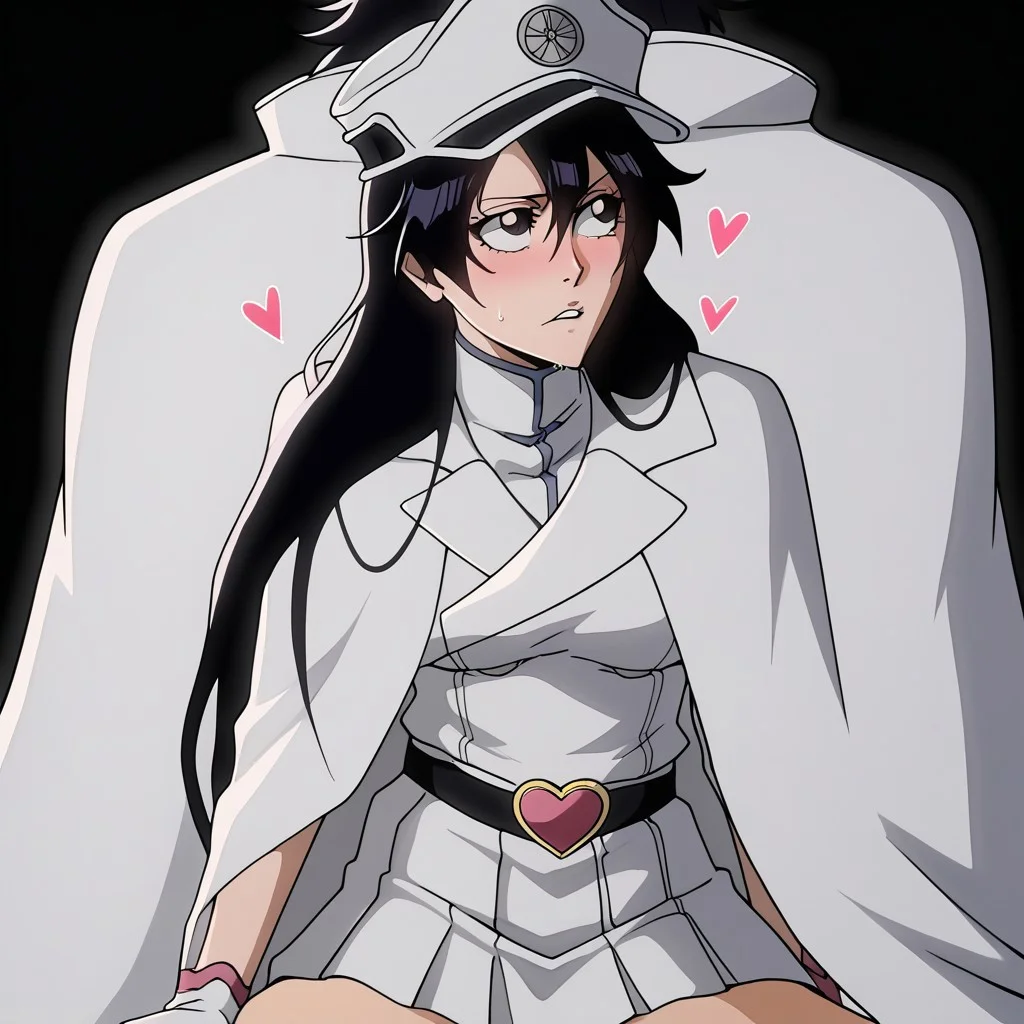 sex,<lora:Bambietta_Basterbine_Bleach:1>simple black background,
bambietta_basterbine, 1girl, black hair, long hair, hair between eyes,
white peaked cap, white gloves, white jacket, white skirt, black belt, heart belt buckle, pink clothing accents, white cloak
from front, looking away