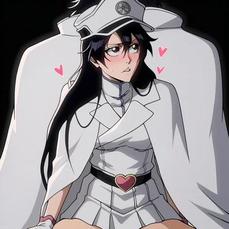 sex,<lora:Bambietta_Basterbine_Bleach:1>simple black background,
bambietta_basterbine, 1girl, black hair, long hair, hair between eyes,
white peaked cap, white gloves, white jacket, white skirt, black belt, heart belt buckle, pink clothing accents, white cloak
from front, looking away