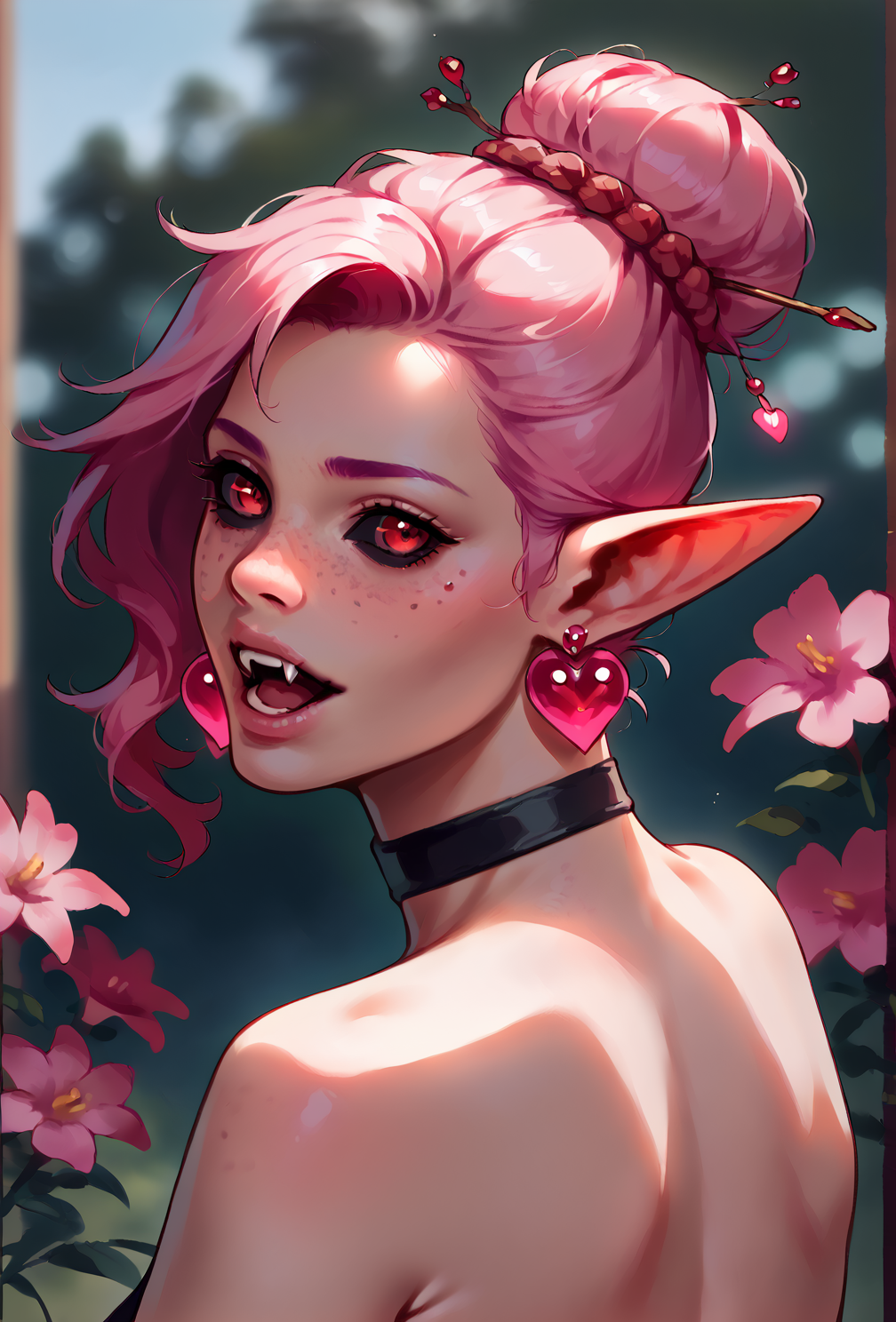 <lora:aesthetic_witchy:0.5>,(witchyaesthetic:0.6),score_9,score_8_up,score_7_up,score_6_up,score_5_up,score_4_up,<lora:Diathorn_SDXL_Pony:0.8>,by Diathorn,<lora:Smooth Style 2 SDXL_LoRA_Pony Diffusion V6 XL:0.8>,witchyset20, 1girl,solo,looking at viewer,short hair,open mouth,bangs,hair ornament,red eyes,jewelry,upper body,pink hair,flower,heart,multicolored hair,earrings,teeth,choker,pointy ears,looking back,hair flower,hair bun,blurry,lips,blurry background,fangs,portrait,pink flower,colored sclera,freckles,realistic,nose,black sclera,heart earrings,