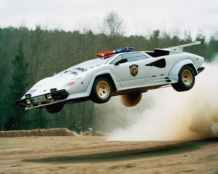 analog film photo car rally magazine photograph of a (police Lamborghini Countach:1.4) (((rally car))) jumping, big air time, rally jump, action motion blur dust LP5000 <lora:add-detail-xl:2> <lora:LP5000-SDXL-V1.2:1>, (police lights on the roof, searchlights on roof:1.3) . faded film, desaturated, 35mm photo, grainy, vignette, vintage, Kodachrome, Lomography, stained, highly detailed, found footage
