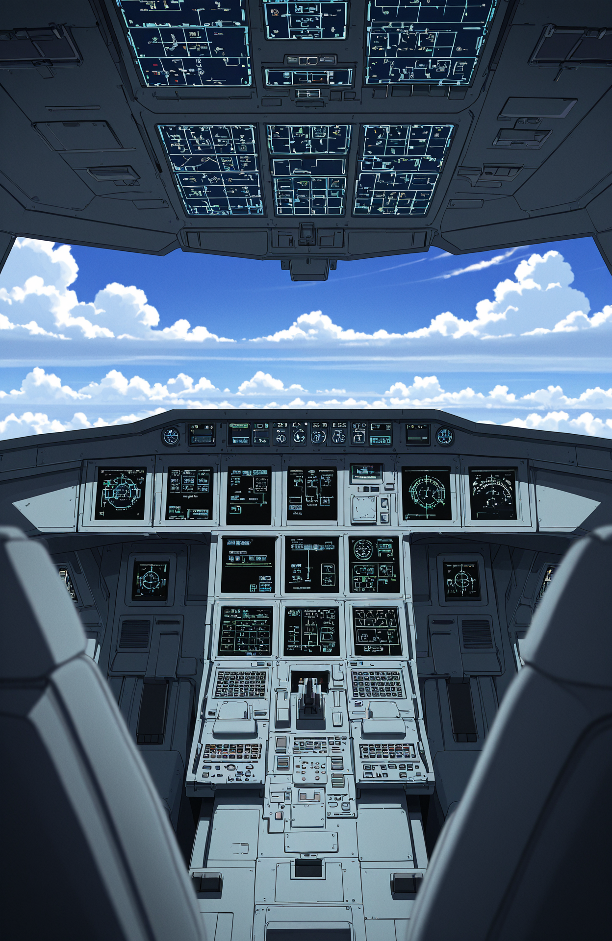 anime coloring, no humans, from behind, left side,
<lora:[Concept - IL] A380 Cockpit (R2E10):0.6> a380cockpit,
navigation display, overhead panel, thrust lever, empty seats,
clouds, day,