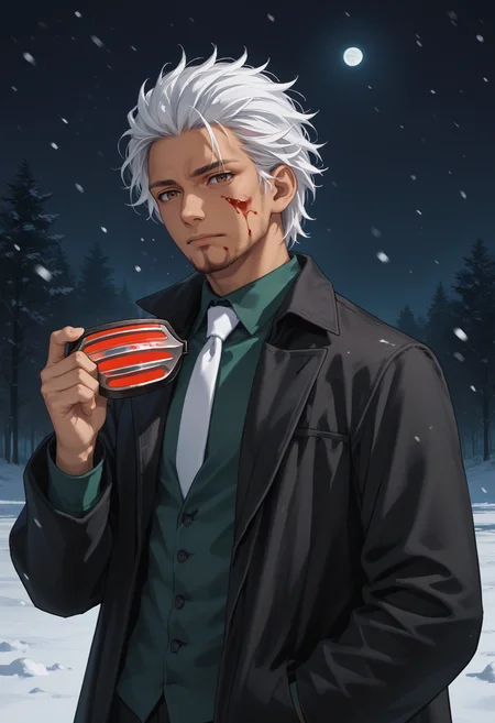 score_9, score_8_up, score_7_up, source_anime, 1boy, expressionless, blood on face, brown eyes, <lora:GodotAA-pdxl:1> gdAA, white hair, short hair, holding mask, unworn mask, dark-skinned male, beard, collared shirt, green shirt, white necktie, black coat, night, snow