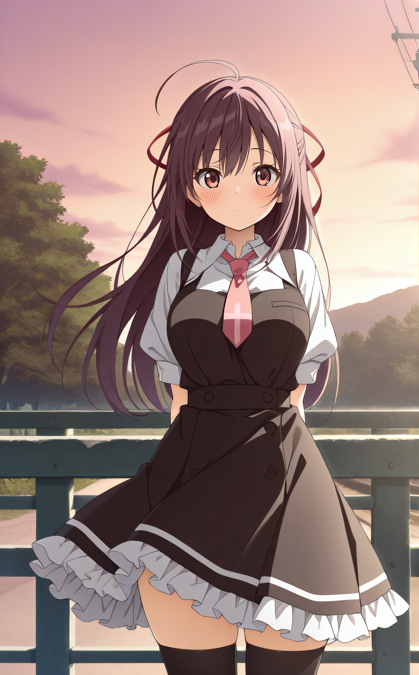 masterpiece, best quality, highres, scenery, newest, 1girl, solo, official style, <lora:Misakura_Rin:1>, misakurarin, ahoge, red_ribbon, school uniform, short sleeves, necktie, black frilled dress, black thighhighs, outdoor, arms behind back, blush, looking at viewer, cowboy shot