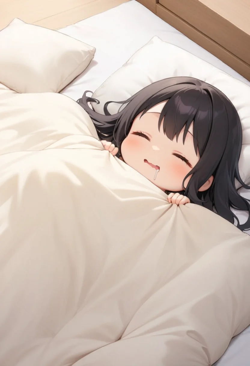 masterpiece, best quality, very aesthetic, absurdres,
1girl, chibi, solo, black hair, long hair, happy, smile, drooling, wavy mouth,
futon, pillow, closed eyes, bed, sleeping, lying, under covers, blanket,
<lora:kakebuton_SDXL_V1:0.8>
