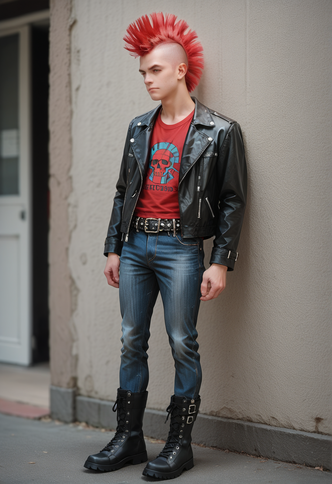 score_9, score_8_up, score_7_up, score_6_up, score_5_up, score_4_up,  1boy, hud_m0hawk, mohawk, very short hair, red hair, <lora:mohawk:0.7>, full body, leather jacket, jeans, belt, boots