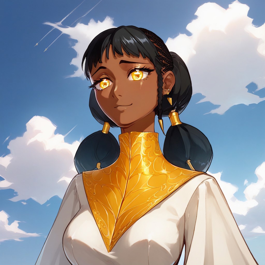 Desscaras, tied hair, 1girl, girl, female, woman, dark skin, yellow eyes, black hair, asymmetrical bang, beautiful, gorgeous, perfection, full view, highly detailed, masterpiece, HD, best quality, perfect anatomy, perfect eyes, perfect face, detailed eyes, detailed face, small gold earring, asymmetrical earrings, white dress, gold detail, white clothing, white and gold dress, cute, sky, clouds, smug, shiny, big braids, round face, round braids, round tied hair, breasts, hair behind back, oldschool anime, 90s anime artstyle, full body, black gloves, black boots with golden heels, black boots with gold details, score_9_up, score_8_up, score_7_up